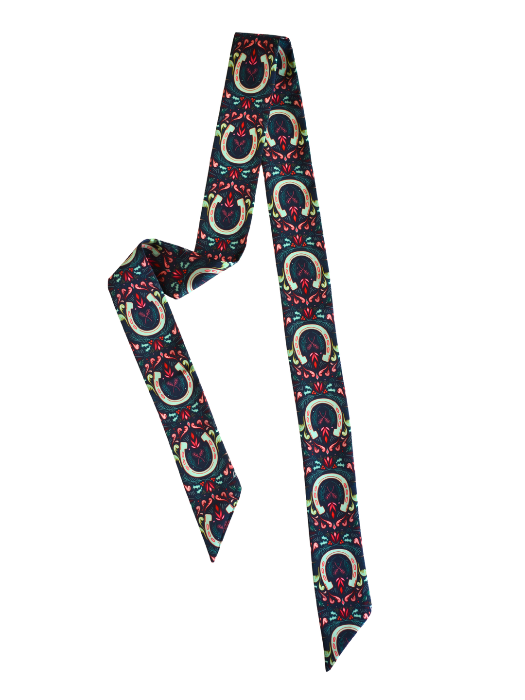Holly & Horseshoes twilly scarf laid out, featuring horseshoes wrapped in pine, holly and berries on deep green