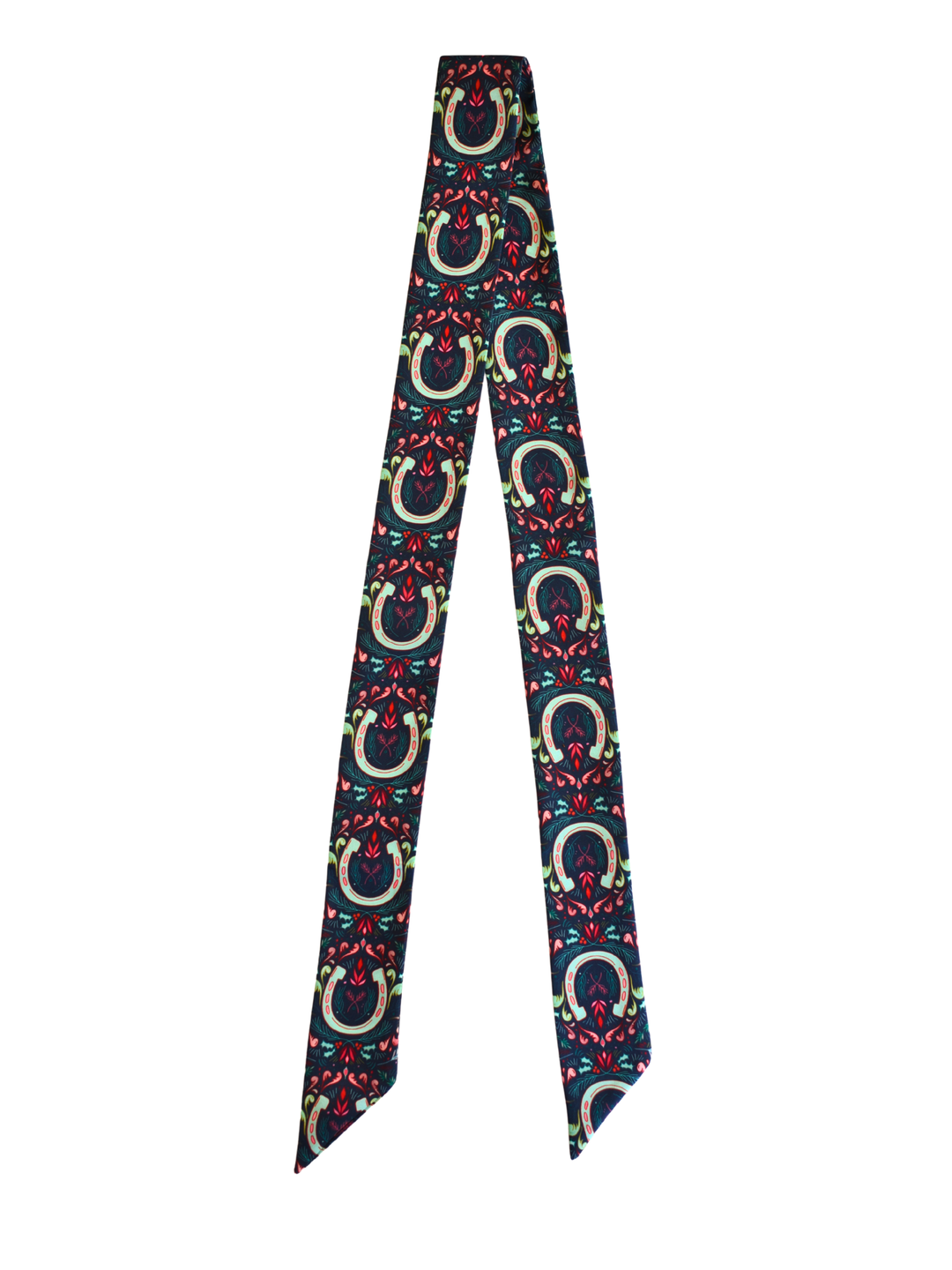Holly & Horseshoes twilly scarf shown full length
