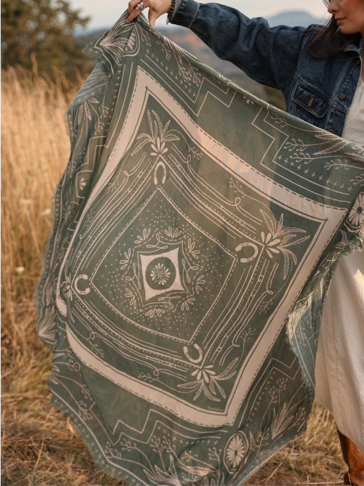 "Go West" XL Fringe Modal Bandana in Desert Sage Western Soft Oversized Wrap