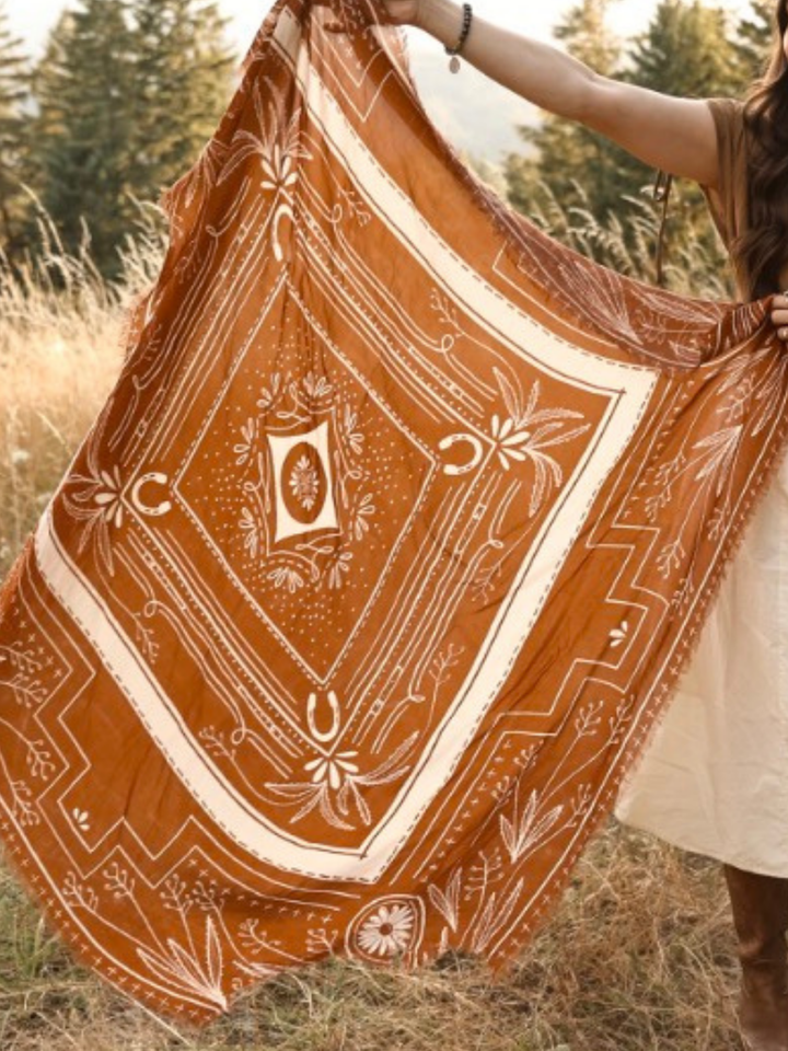 "Go West" XL Fringe Modal Bandana in Vintage Rust Western Soft Oversized Wrap