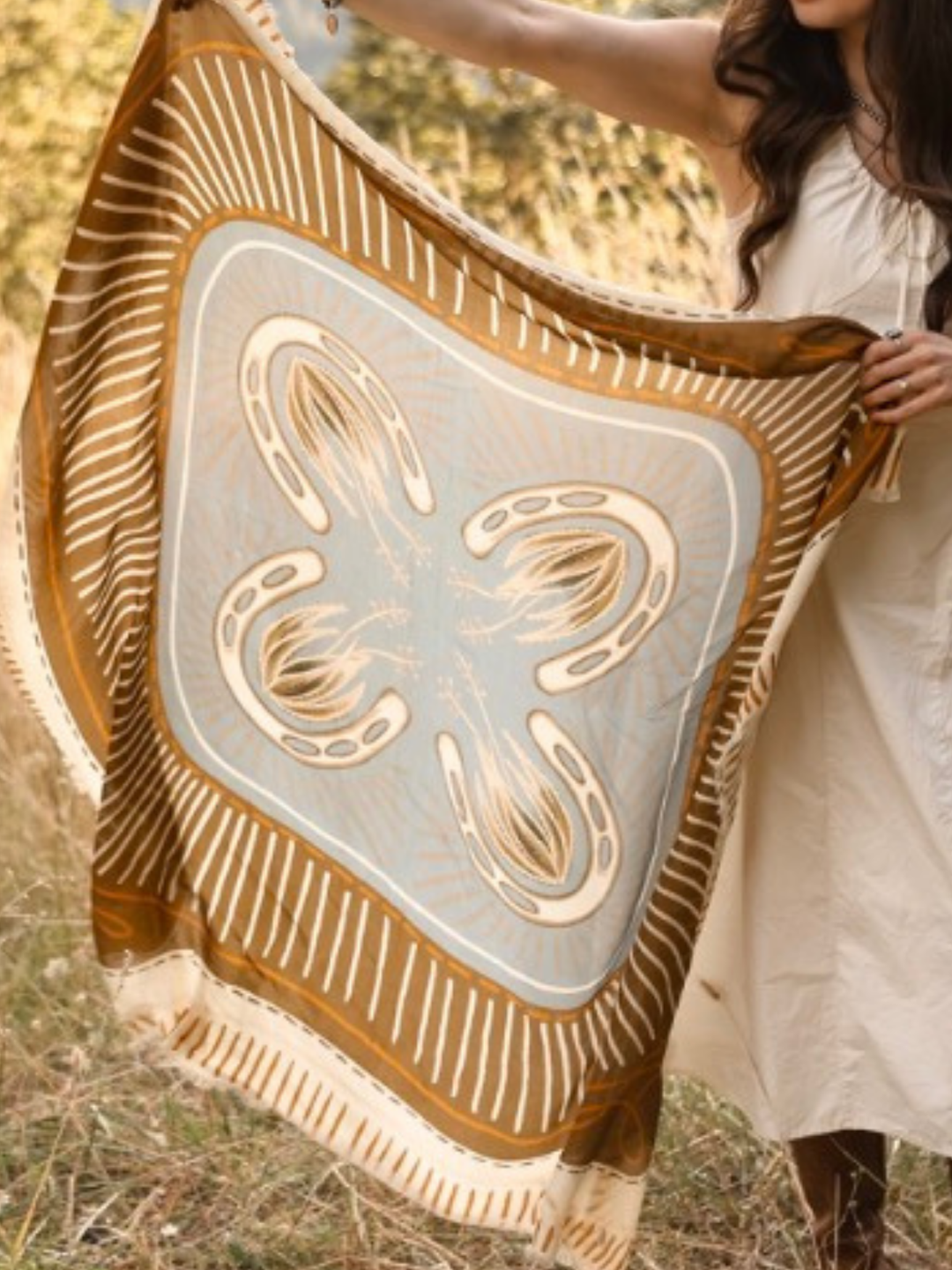 "Western Dreams" XL Fringe Modal Bandana in Denim and Antique Gold Soft Oversized Wrap