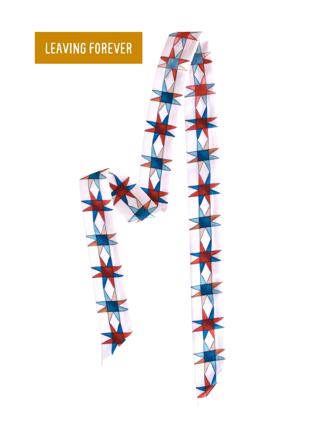 Americana Stars twilly scarf laid out, featuring red and blue quilt-style stars on white, marked Leaving Forever