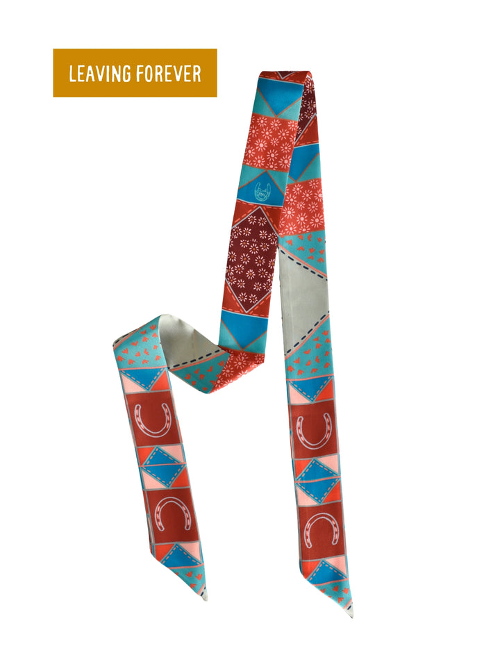 Frontier Patchwork Twilly Scarf in Rust: Boho Western Cowgirl Silky Scarf