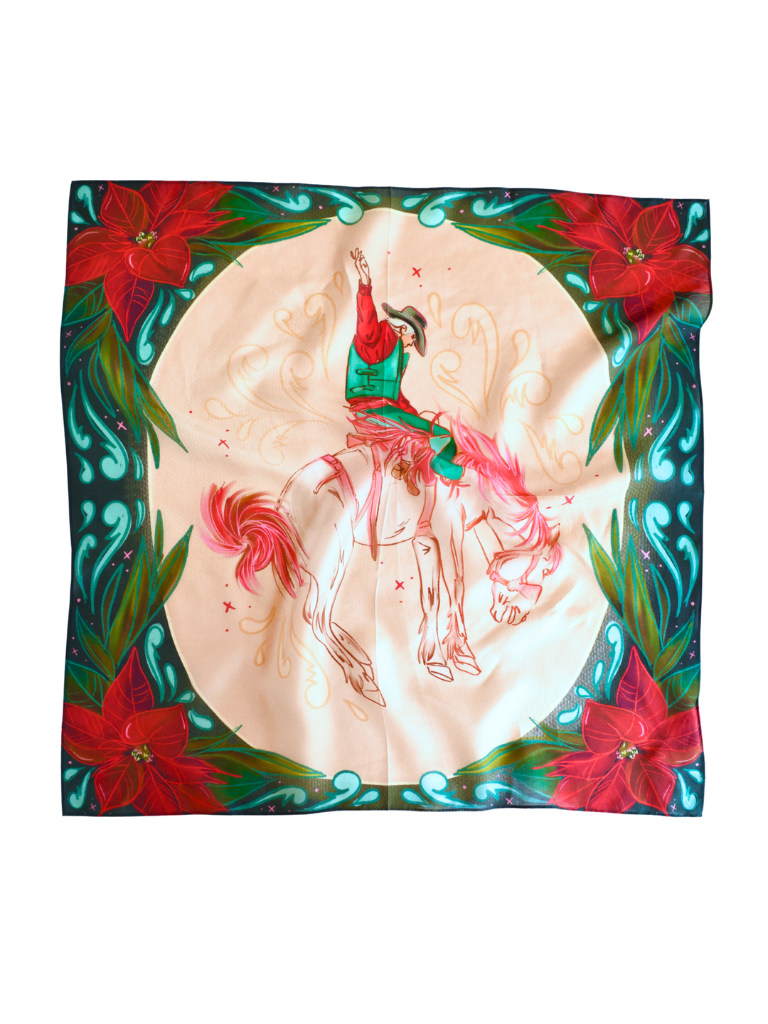Poinsettia Bronc Rider 26x26 wild rag laid flat, featuring a bronc rider and festive red poinsettias