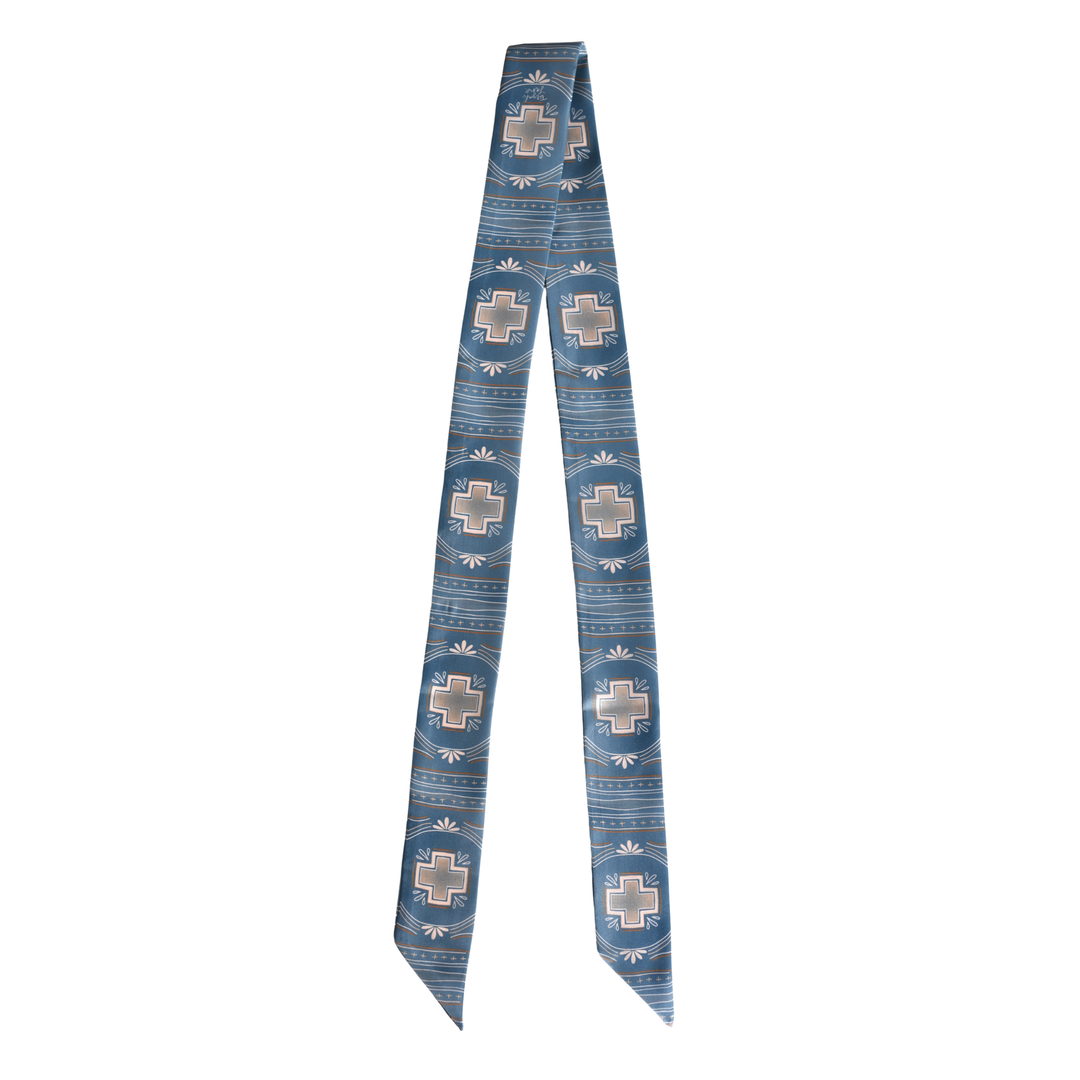 Blue Cross Geometric Western Twilly Scarf: Boho Cowgirl Silk Style Scarf