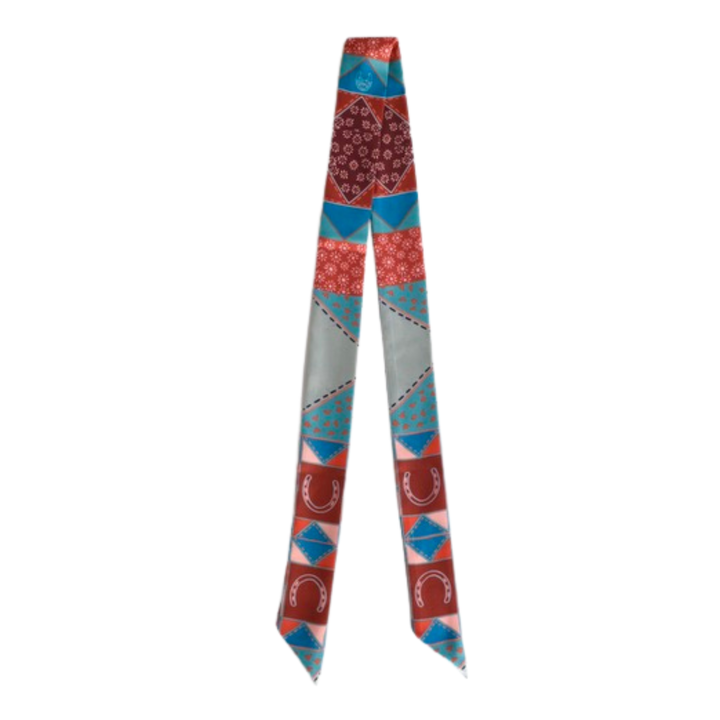 Frontier Patchwork Twilly Scarf in Rust: Boho Western Cowgirl Silky Scarf