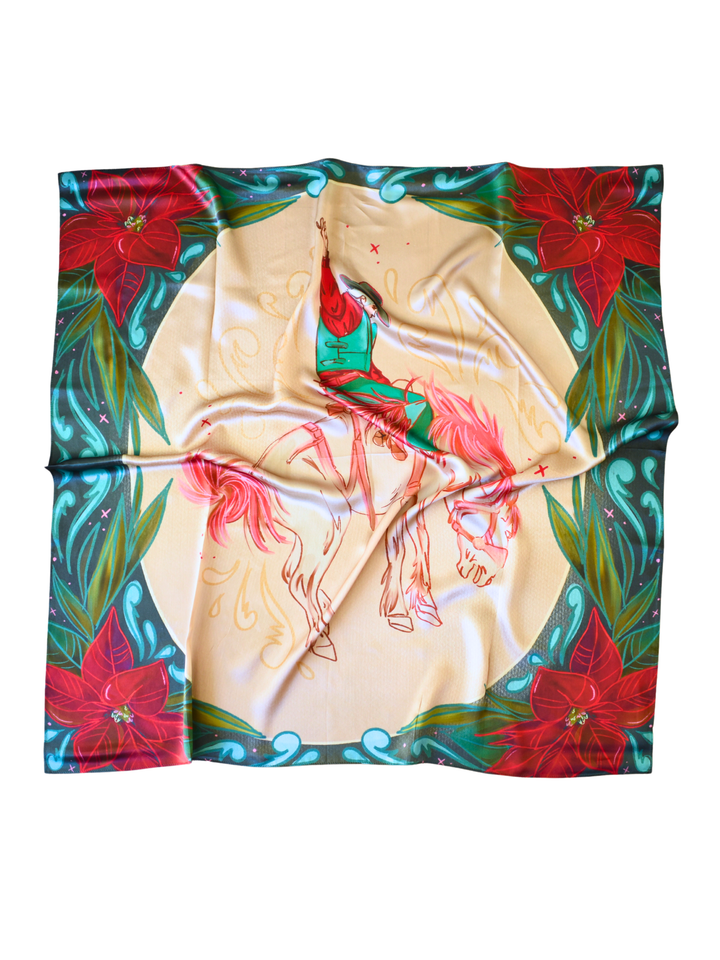 Cowboy Christmas Bronc 35x35 silk wild rag laid flat, featuring a bronc rider and festive red poinsettias