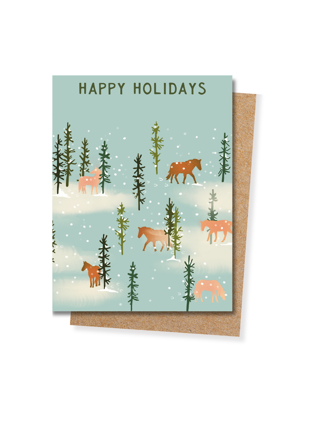 Happy Holidays card in pale aqua, featuring horses among snowy pine trees, with a kraft envelope