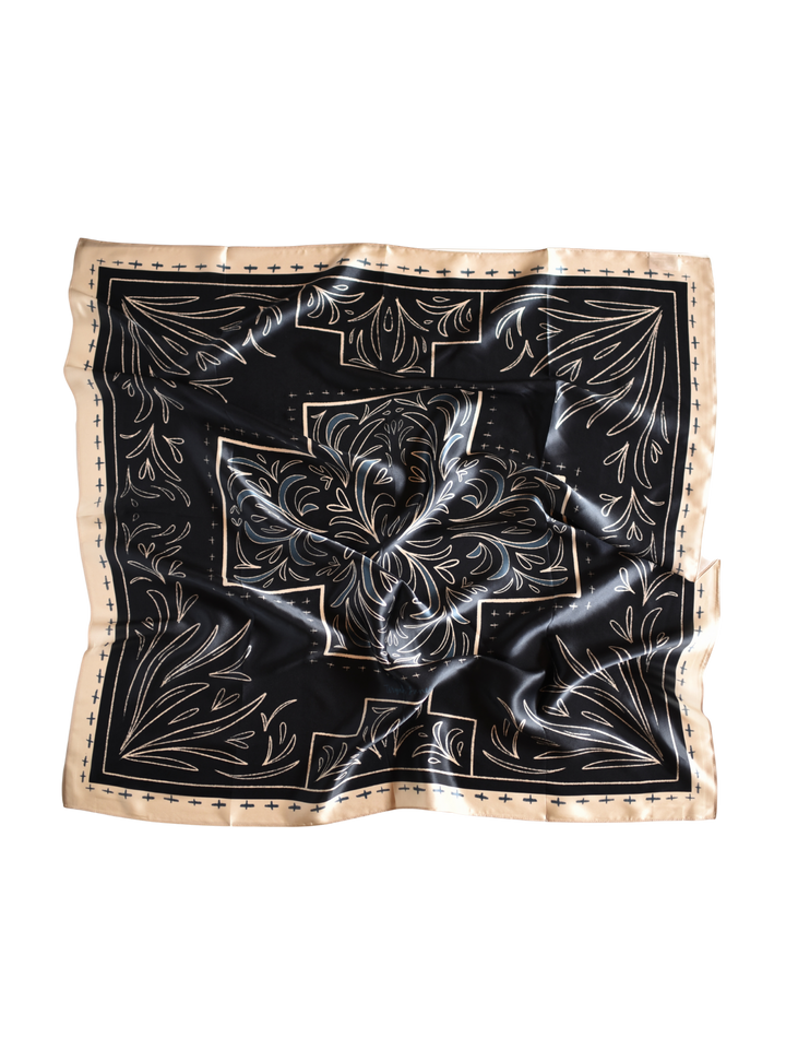 Midnight Vintage Cross: 35x35 Western Mulberry Silk Wild Rag