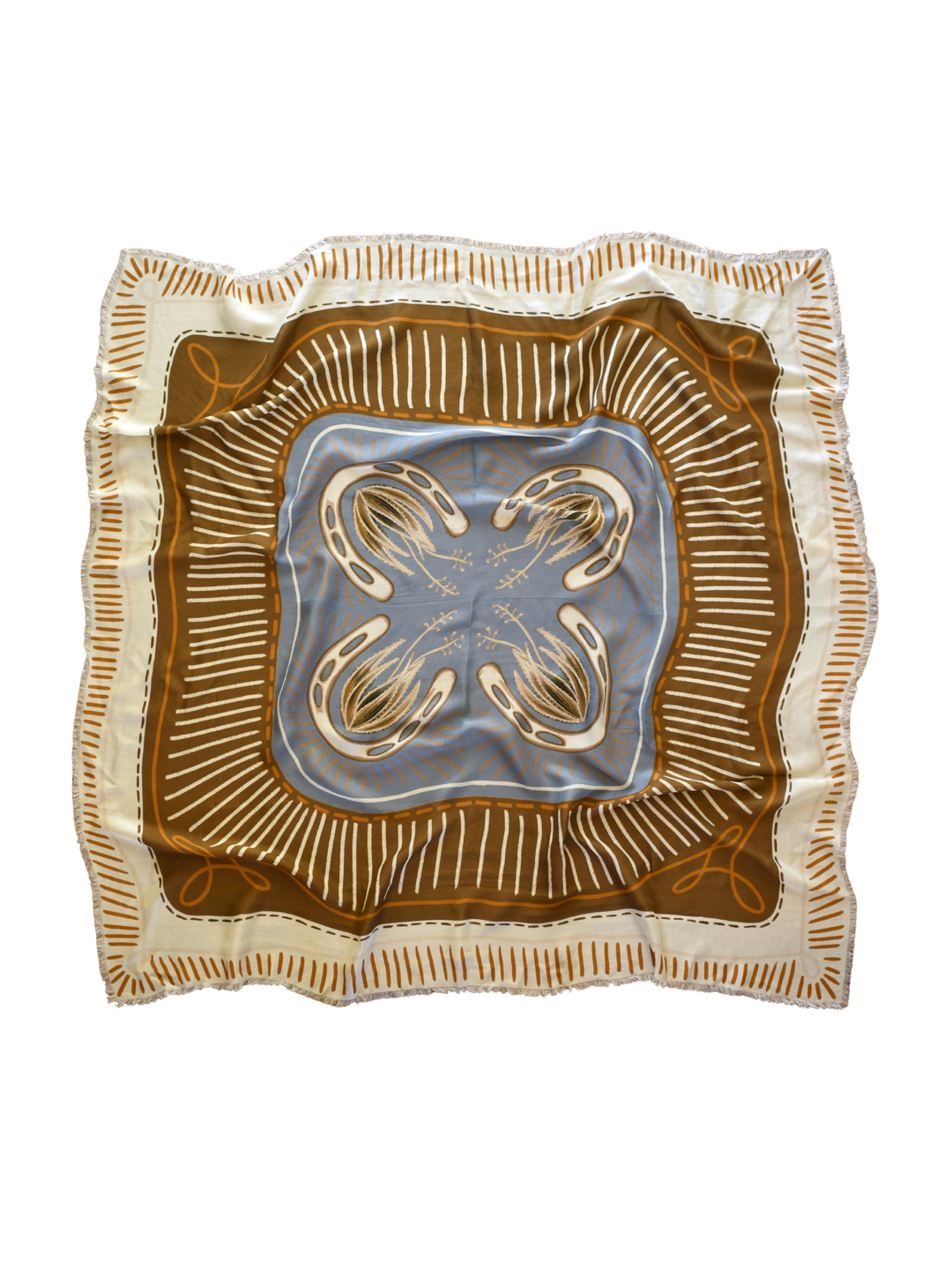 "Western Dreams" XL Fringe Modal Bandana in Denim and Antique Gold Soft Oversized Wrap