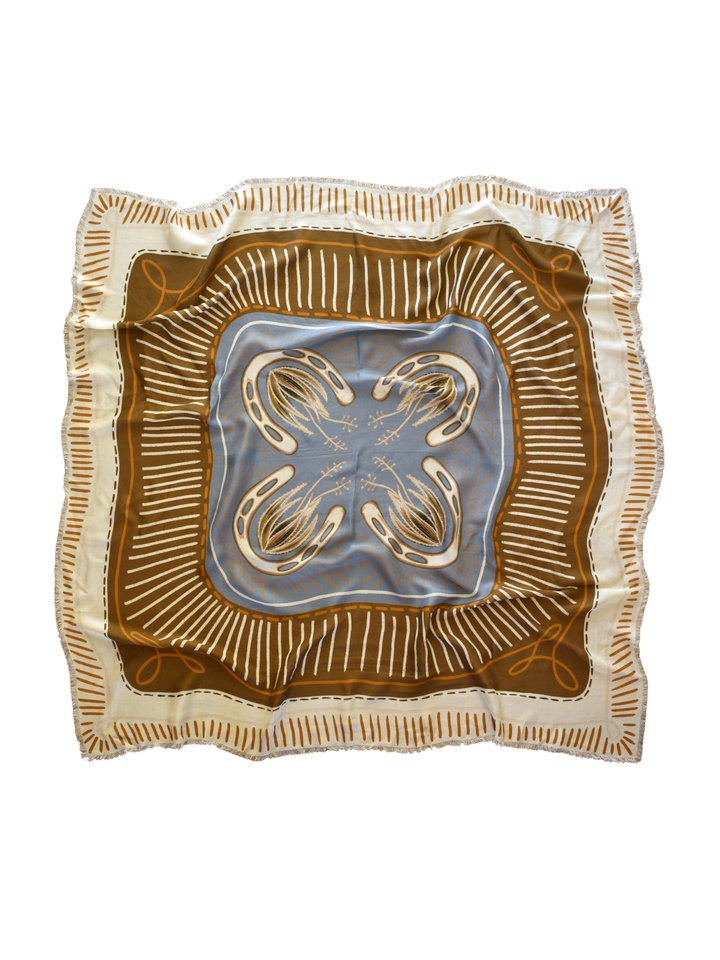 "Western Dreams" XL Fringe Modal Bandana in Denim and Antique Gold Soft Oversized Wrap