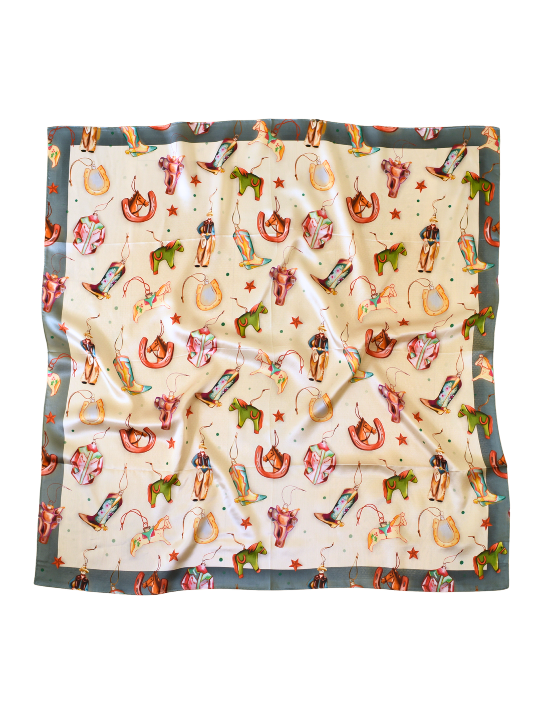 Western Christmas Ornaments 35x35 silk wild rag laid flat, featuring vintage cowboy, horse and boot ornaments