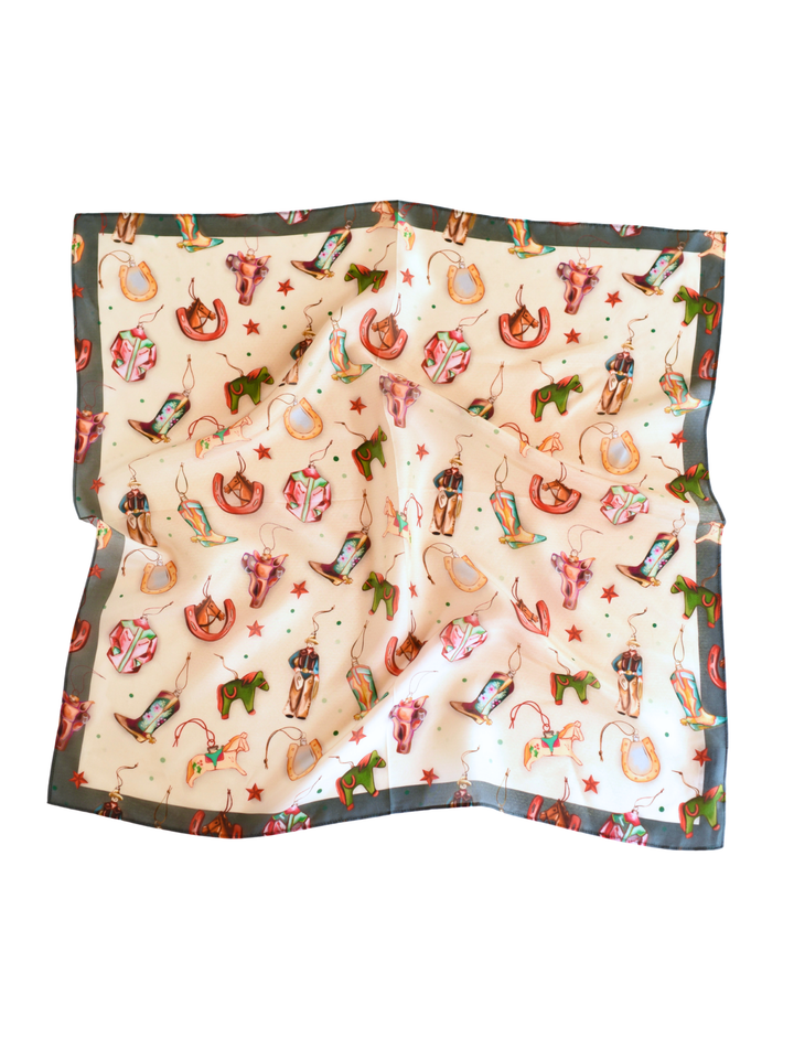 Cowgirl Christmas Ornament 26x26 wild rag laid flat, featuring vintage cowboy, horse and boot ornaments