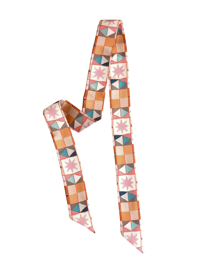 Vintage Patchwork Western Twilly Scarf: Hand Drawn Boho Cowgirl Silk Style Accessory