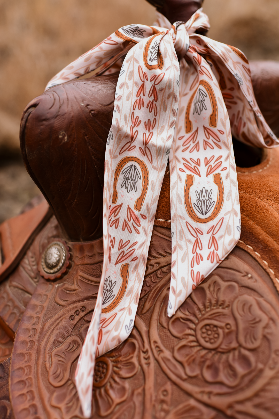 Western Harvest Twilly Scarf in Cream: Floral Cowgirl Satin Chiffon Silk Style Scarf