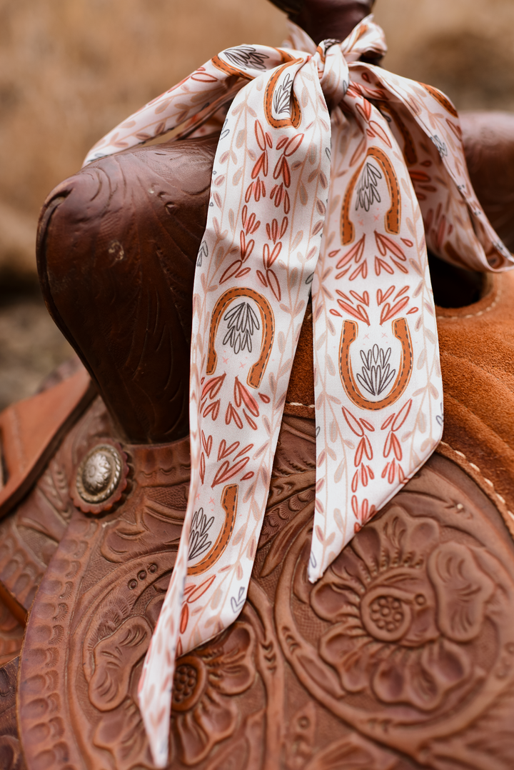 Western Harvest Twilly Scarf in Cream: Floral Cowgirl Satin Chiffon Silk Style Scarf