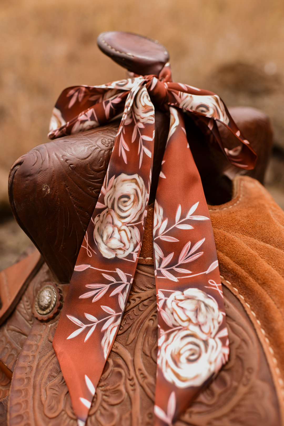 Rustic Wild Roses Twilly Scarf in Oxblood: Western Floral Cowgirl Satin Chiffon Scarf
