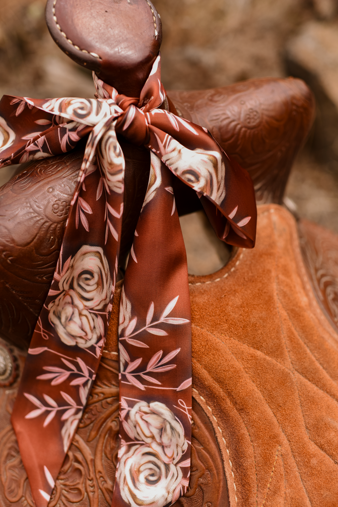 Rustic Wild Roses Twilly Scarf in Oxblood: Western Floral Cowgirl Satin Chiffon Scarf