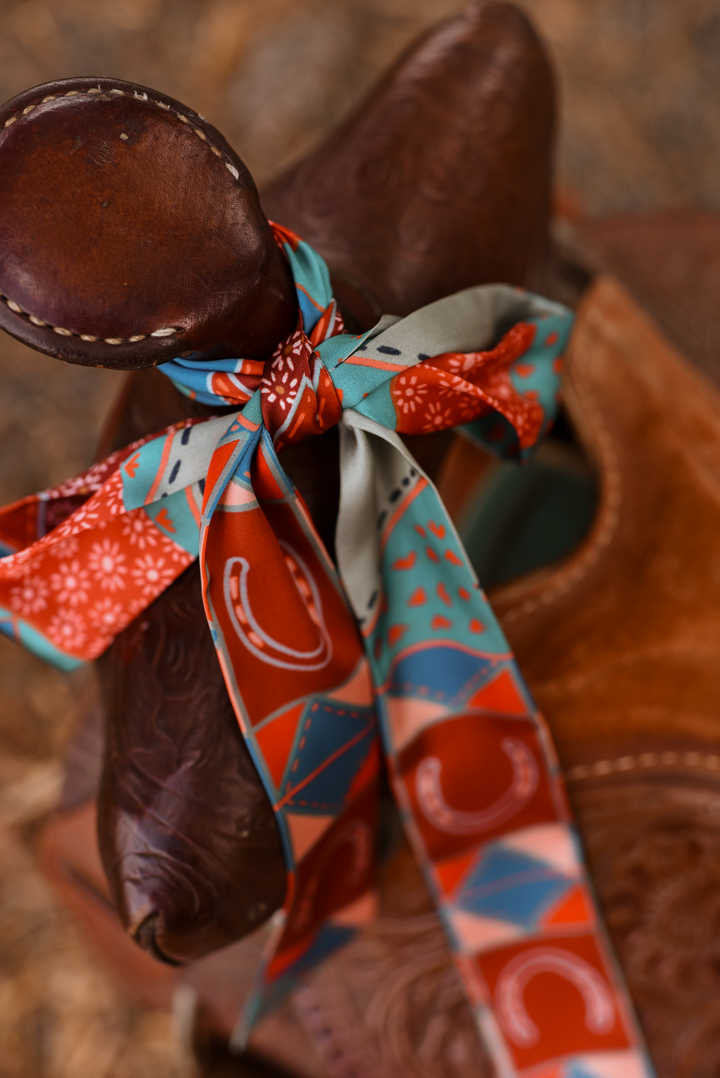 Frontier Patchwork Twilly Scarf in Rust: Boho Western Cowgirl Silky Scarf