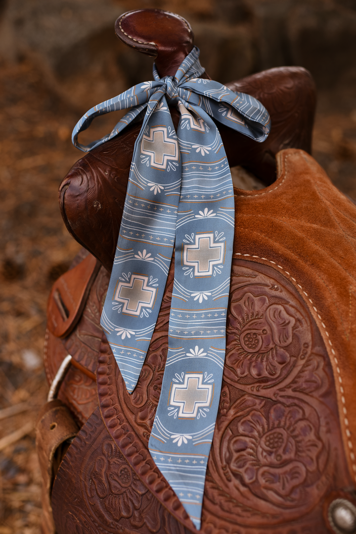 Blue Cross Geometric Western Twilly Scarf: Boho Cowgirl Silk Style Scarf