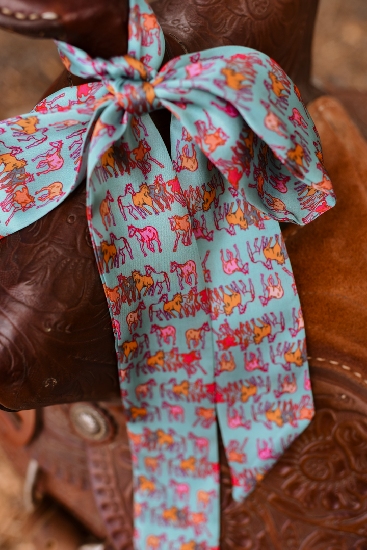 Mustangs Meadows Twilly Scarf in Turquoise: Western Horse Cowgirl Silky Scarf