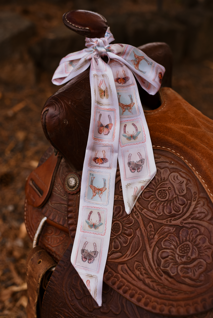 Postal Field Study Twilly Scarf in Almond: Vintage Western Botanical Satin Chiffon Scarf