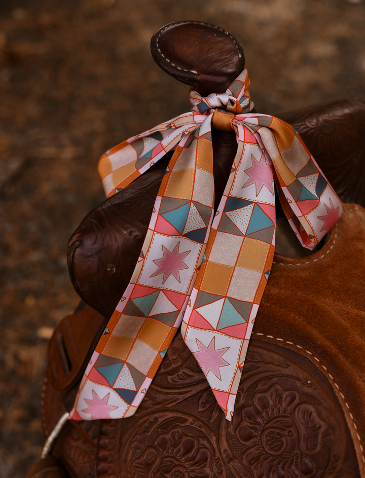 Vintage Patchwork Western Twilly Scarf: Hand Drawn Boho Cowgirl Silk Style Accessory