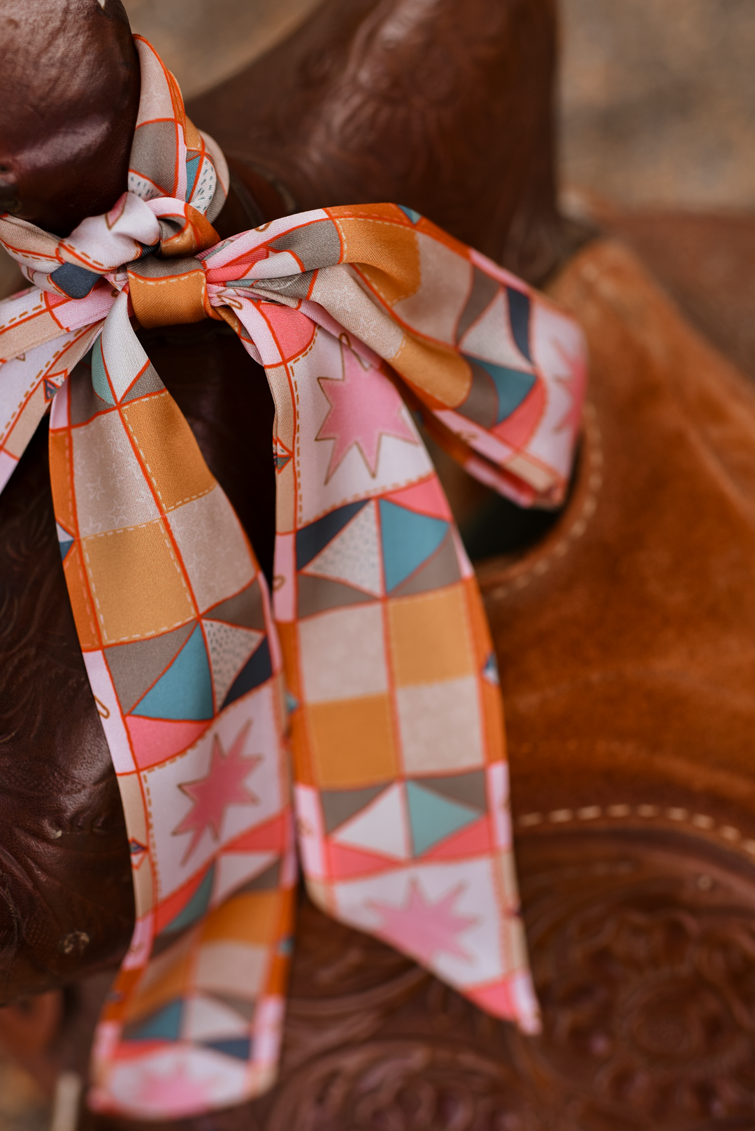Vintage Patchwork Western Twilly Scarf: Hand Drawn Boho Cowgirl Silk Style Accessory