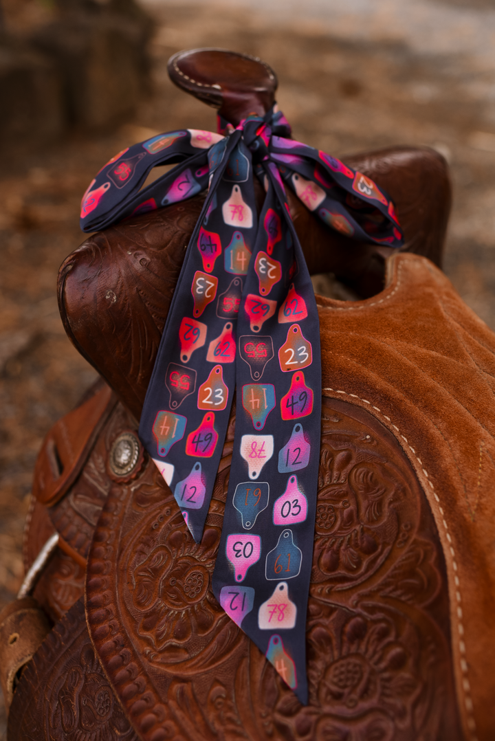 Cattle Tags Twilly Scarf in Retro Pink: Western Ranch Cowgirl Silky Scarf