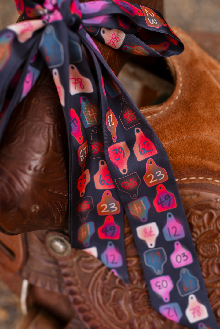 Cattle Tags Twilly Scarf in Retro Pink: Western Ranch Cowgirl Silky Scarf