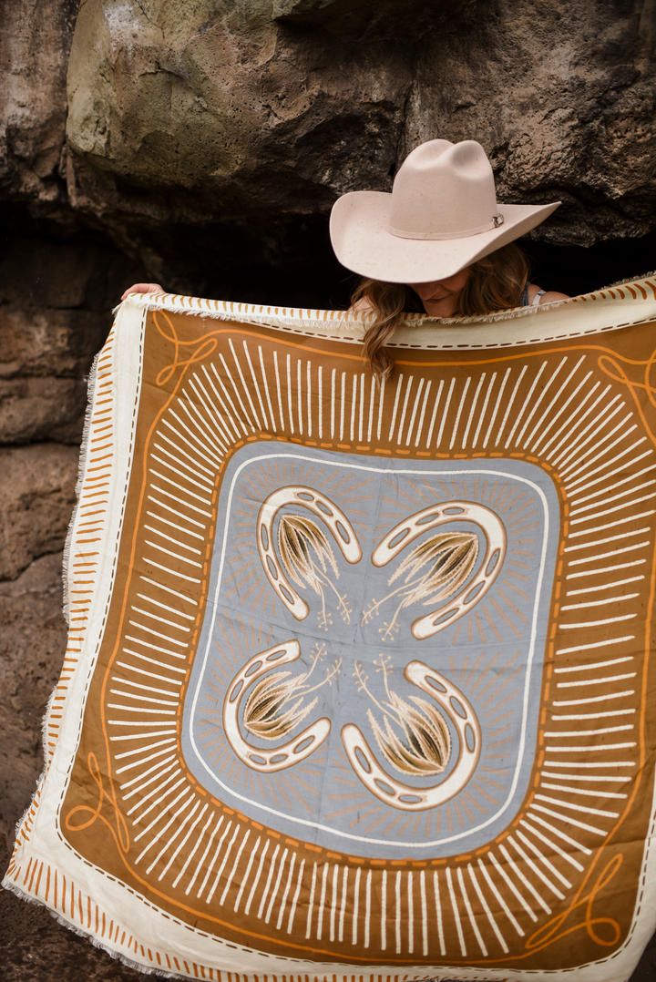 "Western Dreams" XL Fringe Modal Bandana in Denim and Antique Gold Soft Oversized Wrap