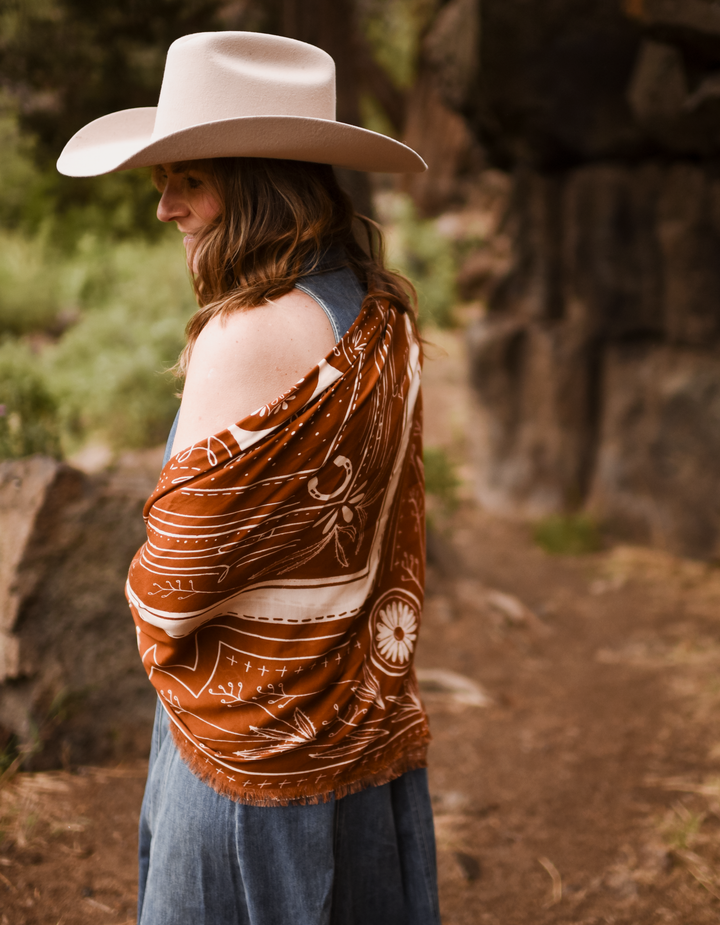 "Go West" XL Fringe Modal Bandana in Vintage Rust Western Soft Oversized Wrap