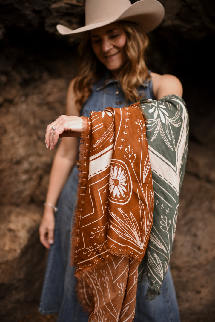 "Go West" XL Fringe Modal Bandana in Desert Sage Western Soft Oversized Wrap