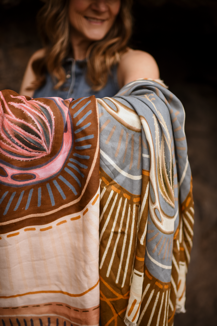 "Western Dreams" XL Fringe Modal Bandana in Denim and Antique Gold Soft Oversized Wrap