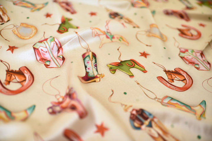 Close-up of hand-drawn artwork on the Western Christmas Ornaments 35x35 silk wild rag