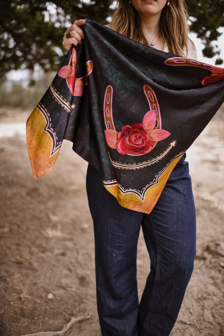Rodeo Rose in Midnight Wild Rag Western Silk Scarf 35x35