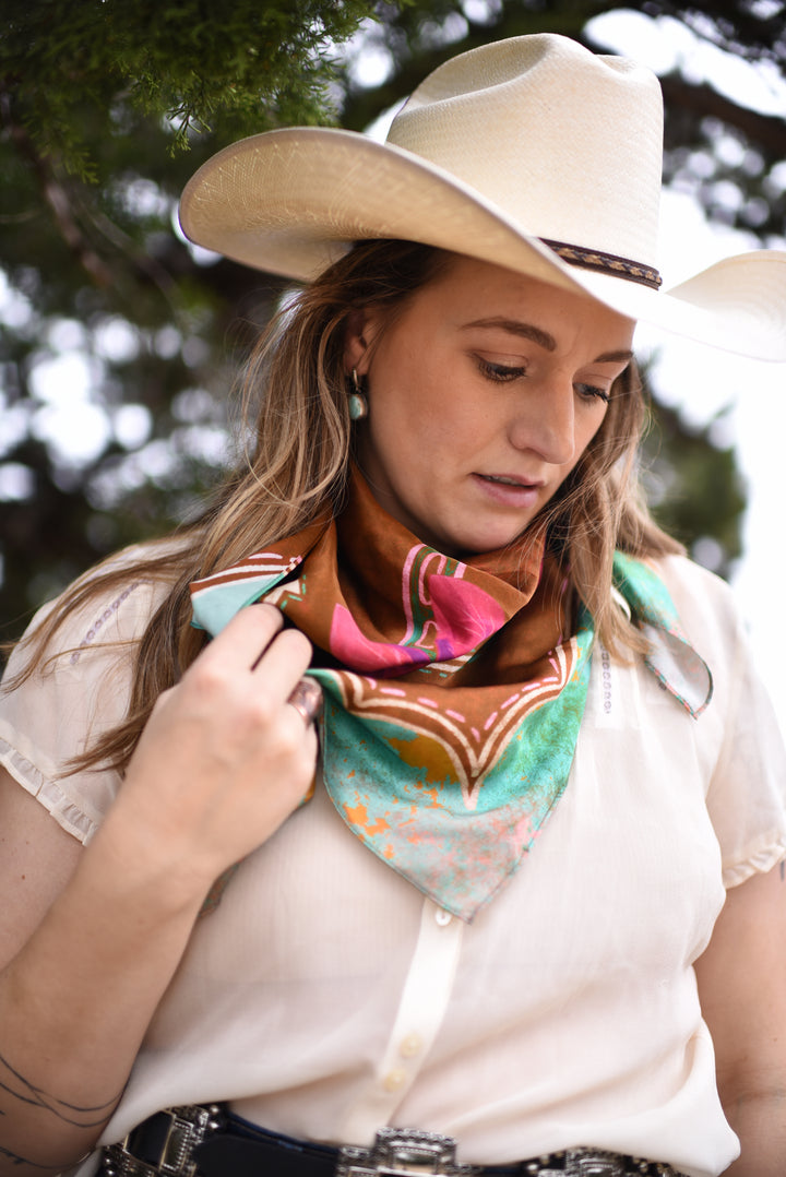 Rodeo Rose in Copper Wild Rag Western Silk Scarf