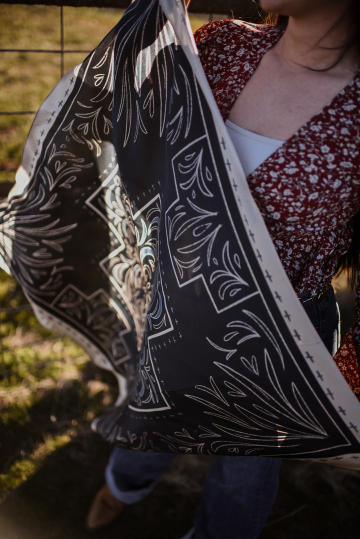 Midnight Vintage Cross Wild Rag Western Silk Scarf