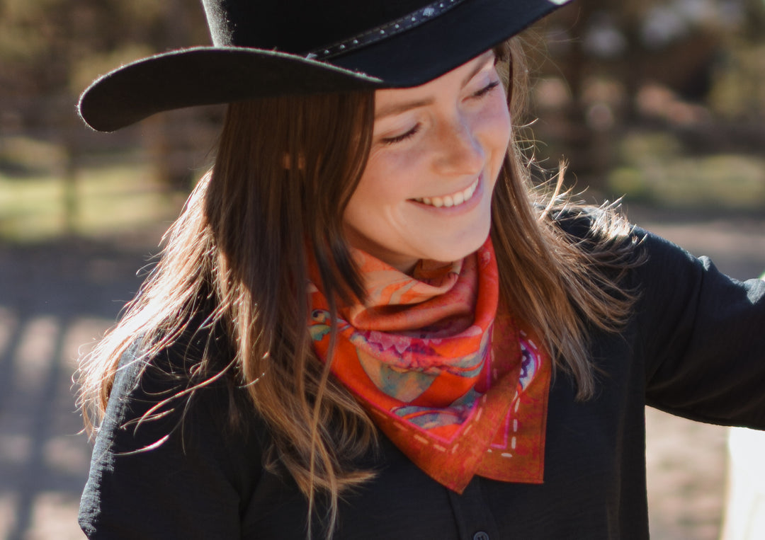 Rust Rodeo Red Floral Silk Western Cowgirl Wild Rag Scarf