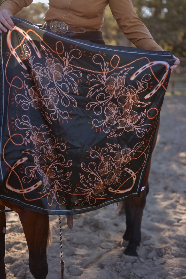 Navy Floral Horseshoe Cowgirl Scarf: Large 100% Mulberry Silk 35x35 Western Wild Rag