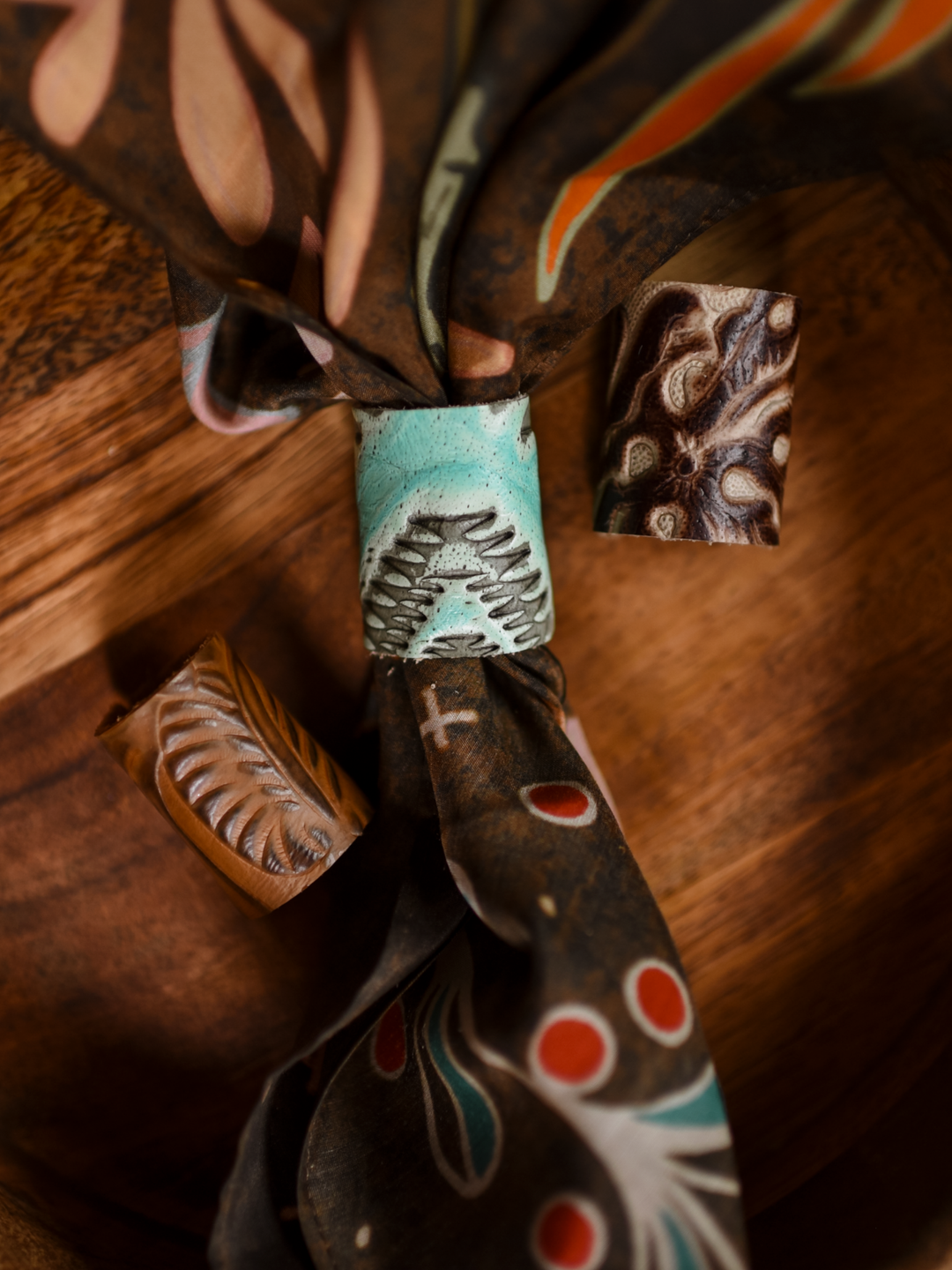 Genuine Leather Scarf Slide Cowpoke Trio Hand Stitched