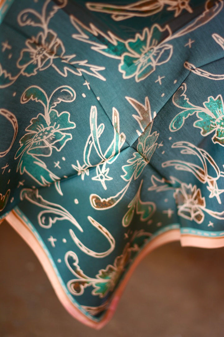 Spurs and Floral Turquoise and Peach Western Silk Wild Rag Scarf
